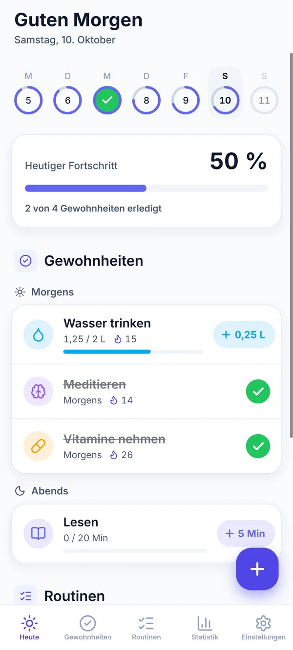Habitia: Heute-Ansicht mit Wochenstreifen, Fortschritt und Gewohnheiten