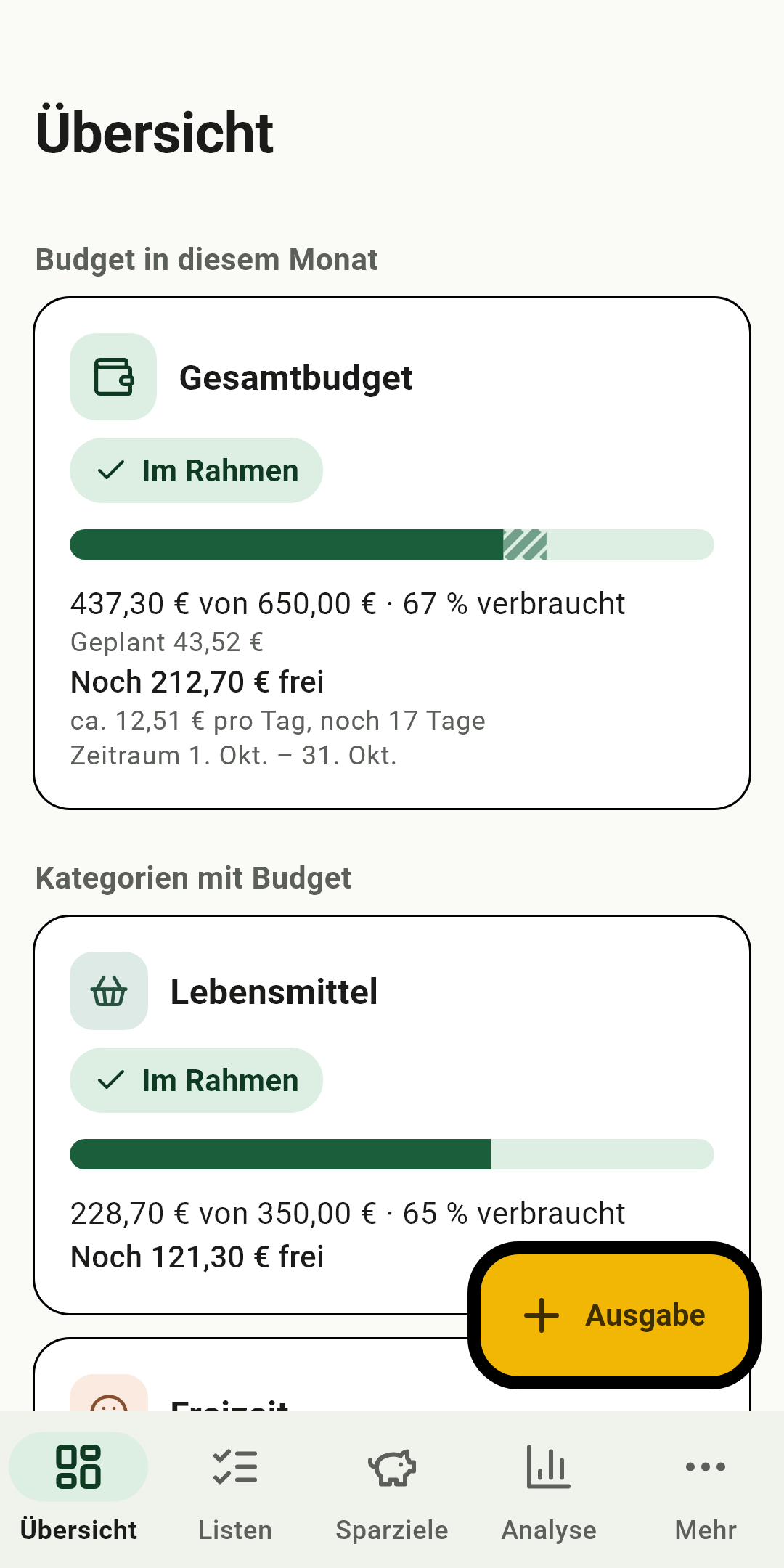 Shoply Übersicht mit Gesamtbudget